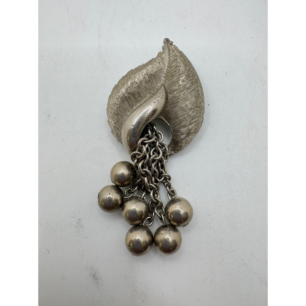 Vintage Silver Tone Textured Leaf Brooch Dangle Ball Fringe Statement Pin Flower